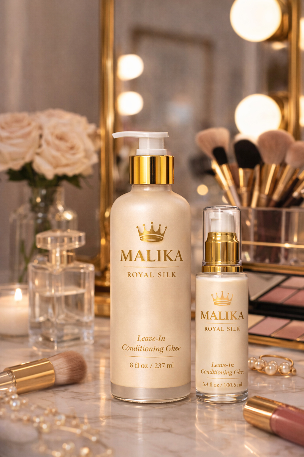 Luxury hair care routine with Malika Royal Silk leave-in treatment set