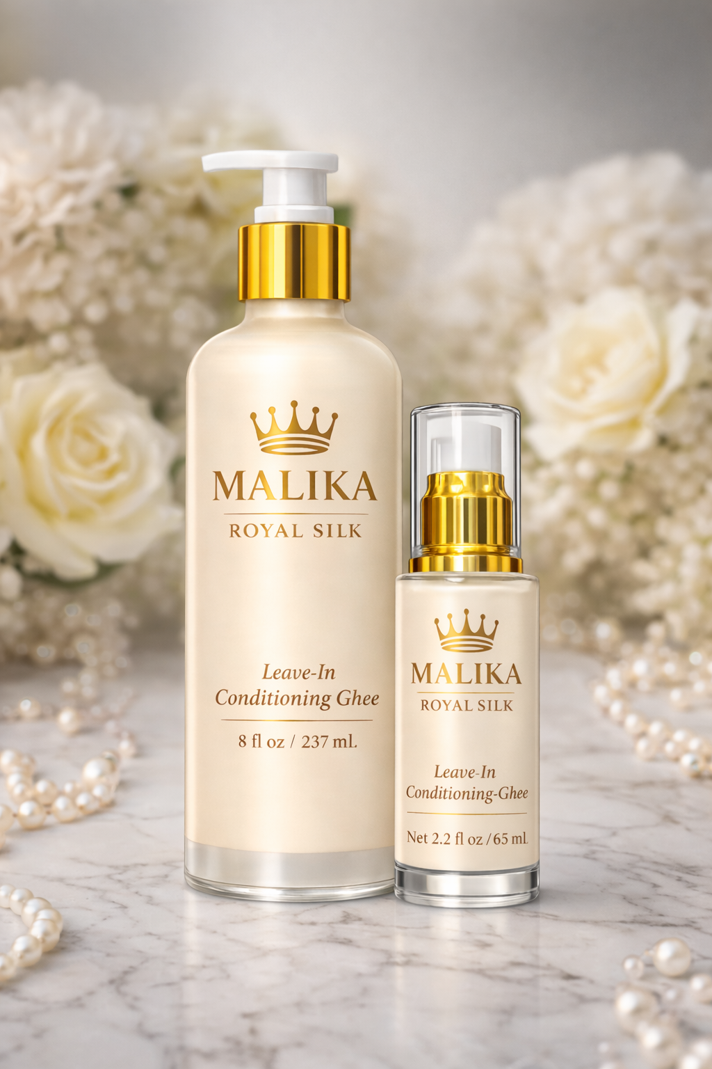 Malika Royal Silk luxury hair care set with leave-in conditioner and travel size