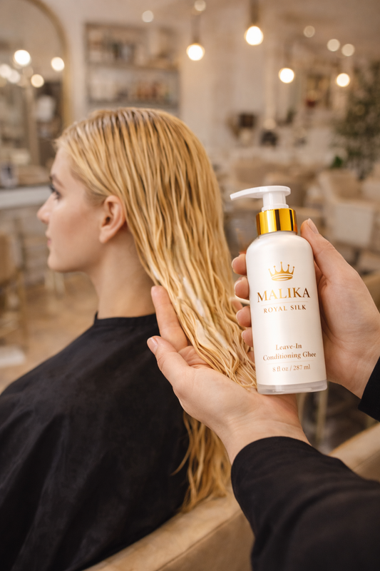 Luxury leave-in conditioner being applied for smooth, hydrated, shiny hair