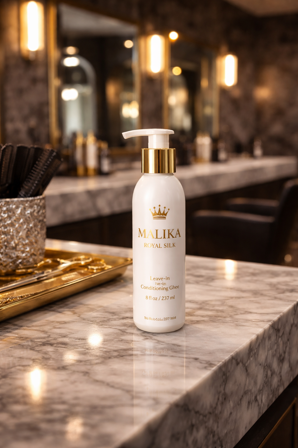Malika Royal Silk leave-in conditioner bottle with silk protein hair formula