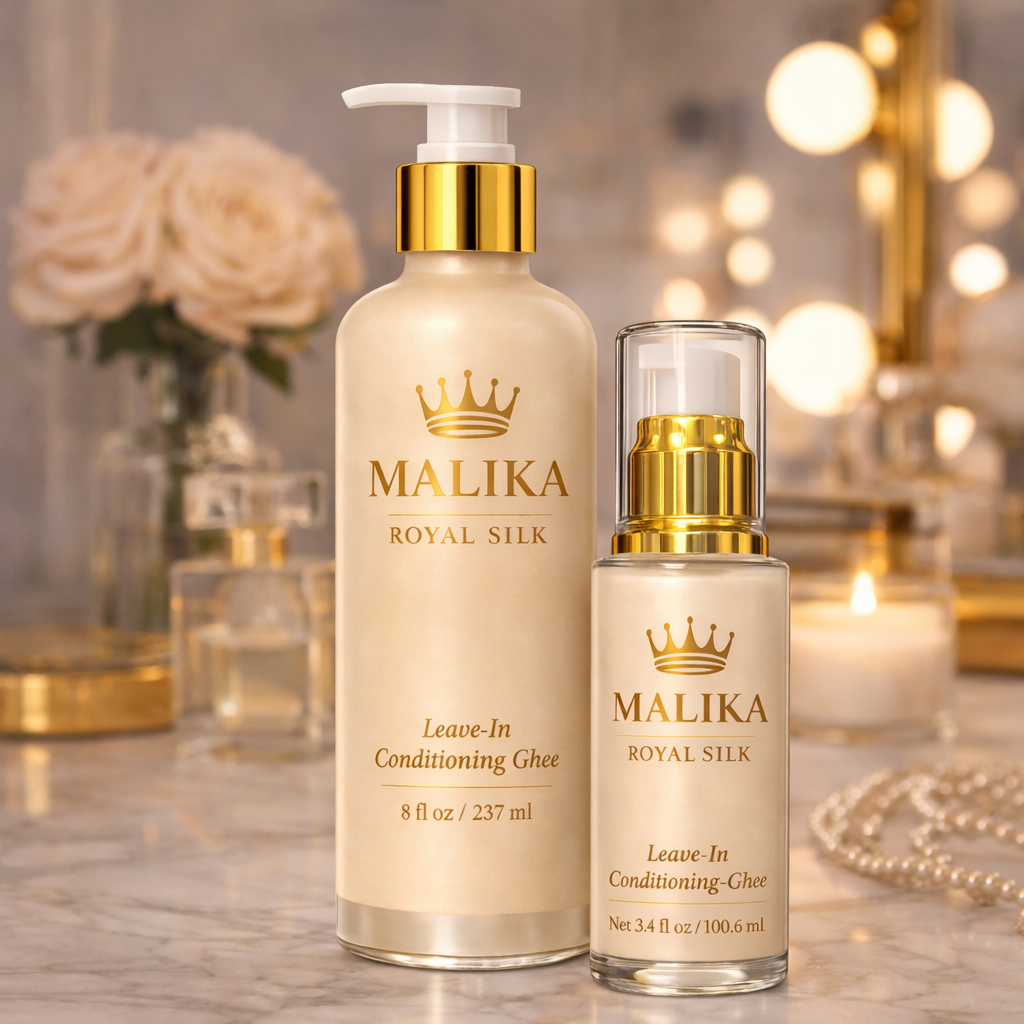 Malika Royal Silk leave-in conditioner bottles for frizz control and shine